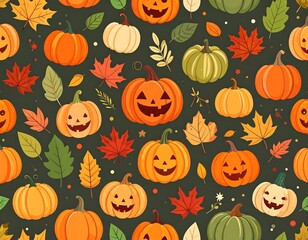 Halloween pumpkin and autumn leaf seamless pattern