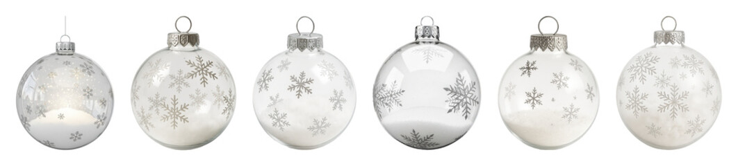 Clear white Christmas ornament set including silver snowflake and faux snow-filled designs isolated. Winter holiday decor and festive celebration elements.