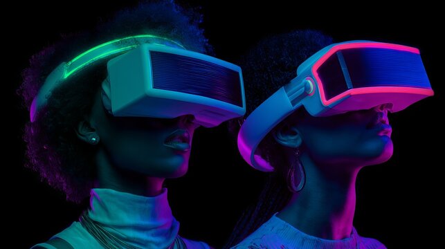 Immersive virtual reality experience with vibrant neon lights and futuristic goggles on diverse individuals - Powered by Adobe