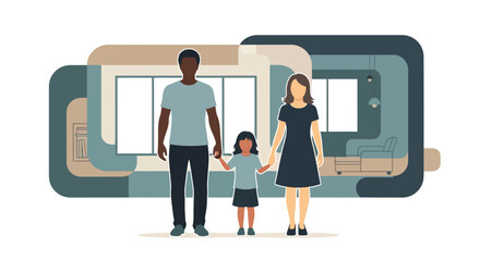 A family of three stands together, holding hands, in front of a stylized interior design.
