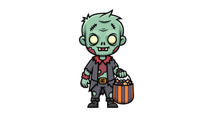 A cute cartoon zombie boy in tattered clothes trick-or-treating with a candy bucket for Halloween.