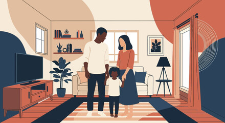 Illustration of a family, including a mother, father, and child, standing in their living room with a warm and inviting atmosphere.