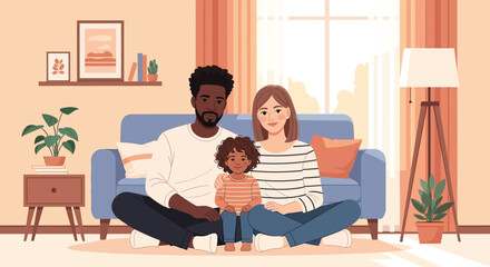 A diverse family sits together on a sofa in a cozy living room, enjoying a moment of togetherness.