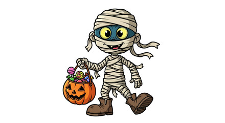 Cartoon Mummy with Pumpkin Candy Bucket for Halloween.
