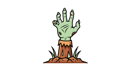Green zombie hand emerging from the ground with grass and dirt.
