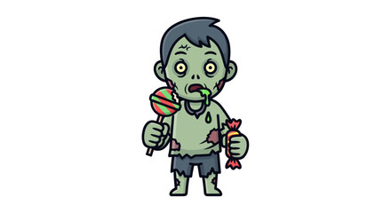 Cartoon Zombie Child Holding Candy and Lollipop.