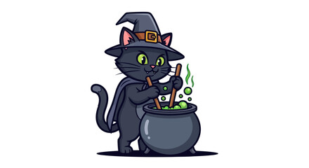 Cartoon Black Cat Witch Brewing Potion in Cauldron with Hat and Cape.