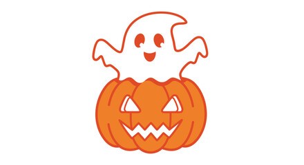 Cartoon Ghost Sitting atop Carved Halloween Pumpkin.