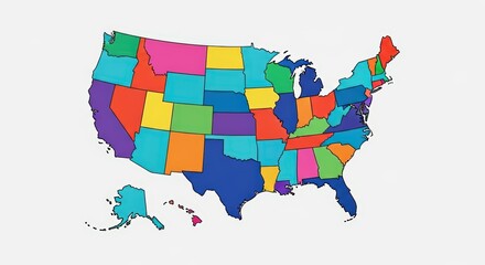 Vibrant and colorful political map of the United States of America with all 50 states, including Alaska and Hawaii, on a clean background