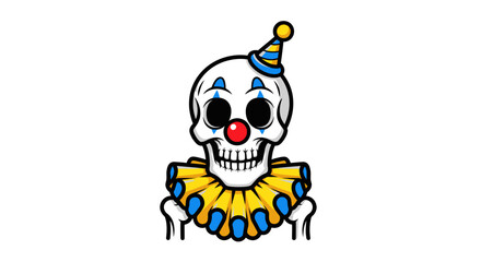 Colorful Cartoon Skull Clown with Party Hat and Ruffled Collar.