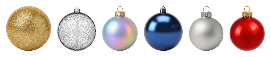 Obraz premium Christmas ornament set including glitter gold, carved silver, iridescent, glossy blue, matte silver, and shiny red baubles isolated. Festive holiday decoration.