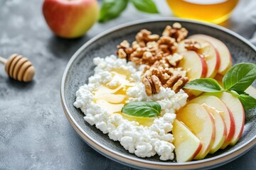 Healthy breakfast bowl with cottage cheese, fresh apple slices, honey, and nuts, served with a touch of basil for flavor