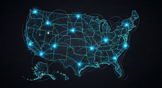 Futuristic digital rendering of the United States map as a glowing technological network with connected nodes, illustrating data communication and connectivity