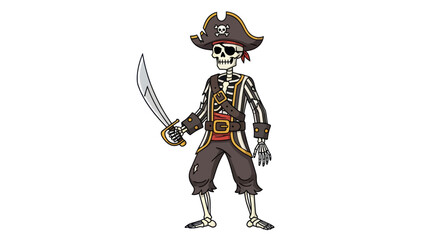 Cartoon skeleton pirate character in full costume holding a curved cutlass sword.