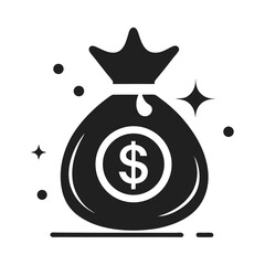 Black and White Icon of Money Bag with Dollar Sign