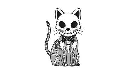 Whimsical Skeleton Cat Wearing a Bow Tie Cartoon Style.