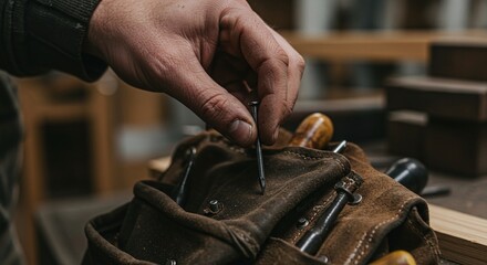Carpenter's hand picking a nail from a leather tool belt, ready to begin a project.Concept of woodworking and manual craftsmanship.
