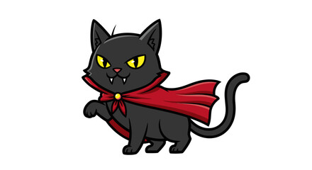 Cartoon Black Cat Dressed as Vampire with Red Cape and Fangs.