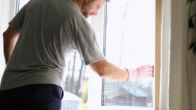 Man is cleaning window in apartment. Adult Male cleaner using a squeegee to wash a window. Bearded guy wiping and washing glasses with with spray bottle, rag and vacoom. Everyday chores. Purification.