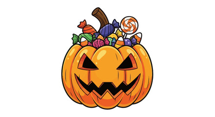 Cartoon Jack-o-Lantern Filled with Halloween Candies.