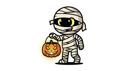 Adorable cartoon mummy character holding a carved Halloween pumpkin lantern.
