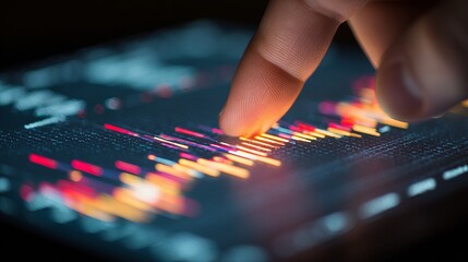 Confident finger analyzes dynamic financial data on glowing digital screen, seeking investment opportunities