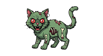Cartoon Zombie Cat with Green Skin Red Eyes and Exposed Bones.