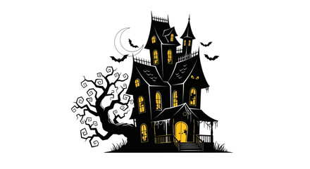 Spooky haunted mansion with gnarled tree and bats under a full moon.