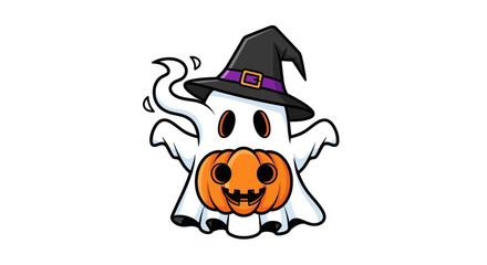 Adorable cartoon ghost character wearing a witch hat and holding a carved Halloween pumpkin.