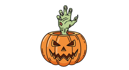 Cartoon Jack-o-Lantern with Zombie Hand Emerging for Halloween.