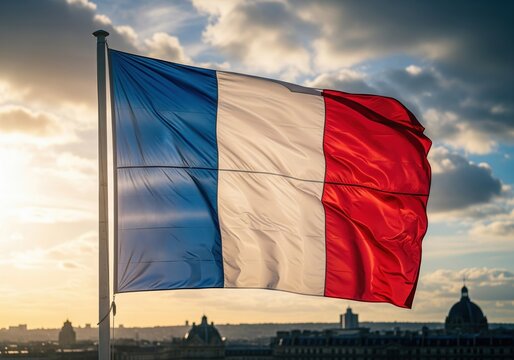 French flag waving proudly over the rooftops of Paris during a golden sunset