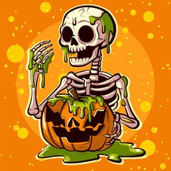 Happy skeleton with dripping slime holding a big pumpkin. Skull stoner character with a jack o lantern going trick or treating for Halloween.