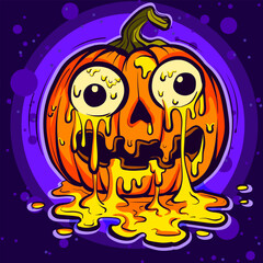 Jack o lantern with crazy popped out eyes with dripping slime on a purple background. Insane trippy stoner pumpkin with huge eyeballs