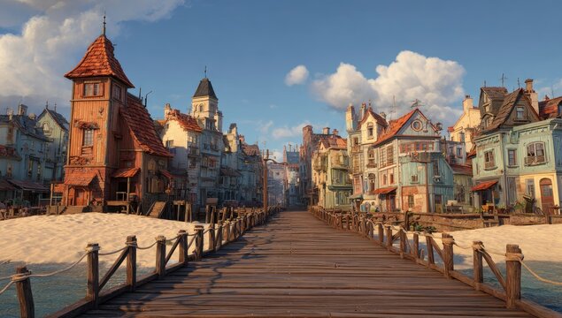 Coastal town wooden boardwalk sunny day