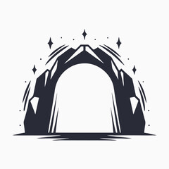 Monochrome silhouette shows an archway formed by mountain peaks under twinkling stars