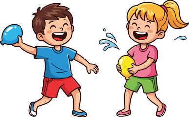 Happy kids playing with water balloons, children having fun in summer, cartoon illustration, outdoor water game, joyful summer activity