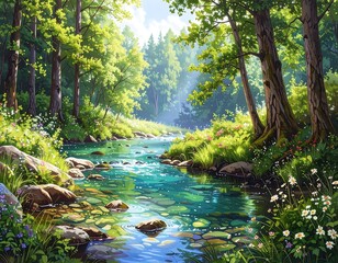 Obraz premium Lush Forest Stream Scene (1)