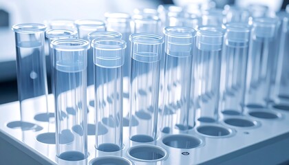 Rows of clear test tubes in a white holder