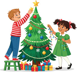 Happy children decorating Christmas tree with lights and star, festive holiday scene, cartoon illustration, kids celebrating winter season, family tradition