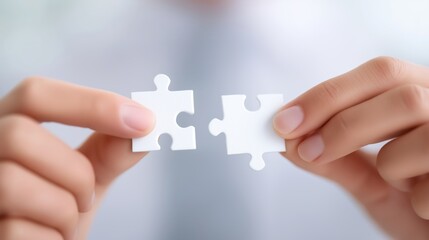 Close up of hands holding puzzle pieces symbol of teamwork collaboration and business success.