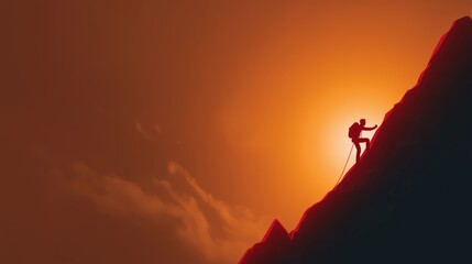 Silhouette of climber ascending steep mountain symbol of growth ambition and success.