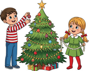Happy kids decorating Christmas tree with ornaments, garlands, and gifts, festive holiday scene, cartoon illustration, cheerful children, winter celebration