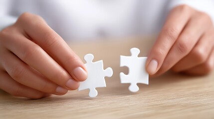 Hands holding puzzle pieces symbol of business collaboration and teamwork on light background.