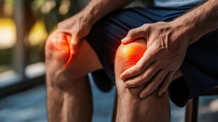 Man holding elbow in pain with digital illustration of joint and bone structure showing elbow pain.