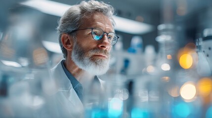 Focused senior scientist intently observing scientific experiment results in a modern laboratory setting