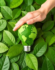 Green lightbulb with world map, surrounded by leaves.  Hand protecting