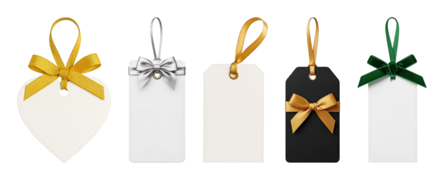 Gift tag set including heart and rectangular shapes with gold, silver, and green ribbons isolated. Product, holiday, and celebration labels.