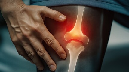 High-resolution medical stock photo showing knee X-ray with red pain highlight and hand pressing hip in pain against blue background.