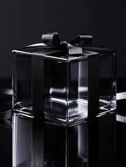Clear glass gift box with a black ribbon placed on a reflective surface in a dark setting