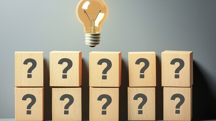 Wooden blocks with question marks and light bulb icons on a gray background, symbolizing ideas, creative thinking, and innovation in a business office setting.